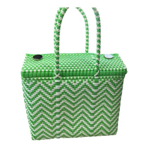 Women's Green White Handwoven Recycled Plastic Mexican Bag Handcrafted Square - Picture 3 of 13